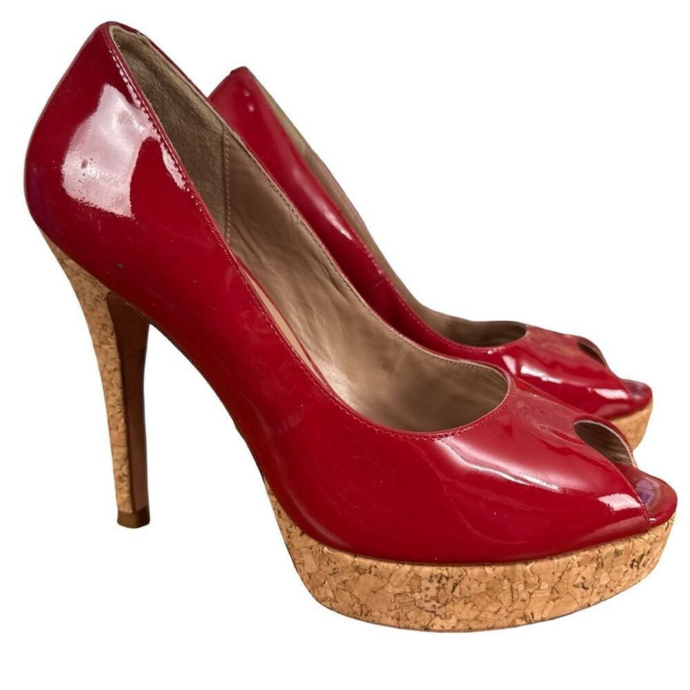 Cole Haan Mariela 95 Air Red Patent Leather Peep Toe High Heels Shoes Cork 6.5